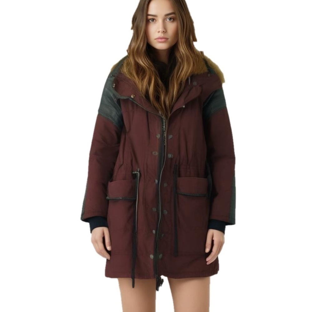 Garage Maroon Leather Faux Fur Parka Winter Coat Medium